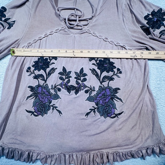 POL Clothing Embroidered Boho Top Womens S Mauve Floral Lace Up SMT505 Bohemian - Picture 9 of 11